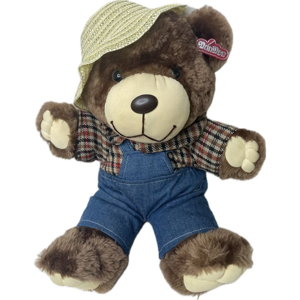 Vintage Dan Dee plush Bear Farmer Outfit Straw Hat Overalls NWT 16”